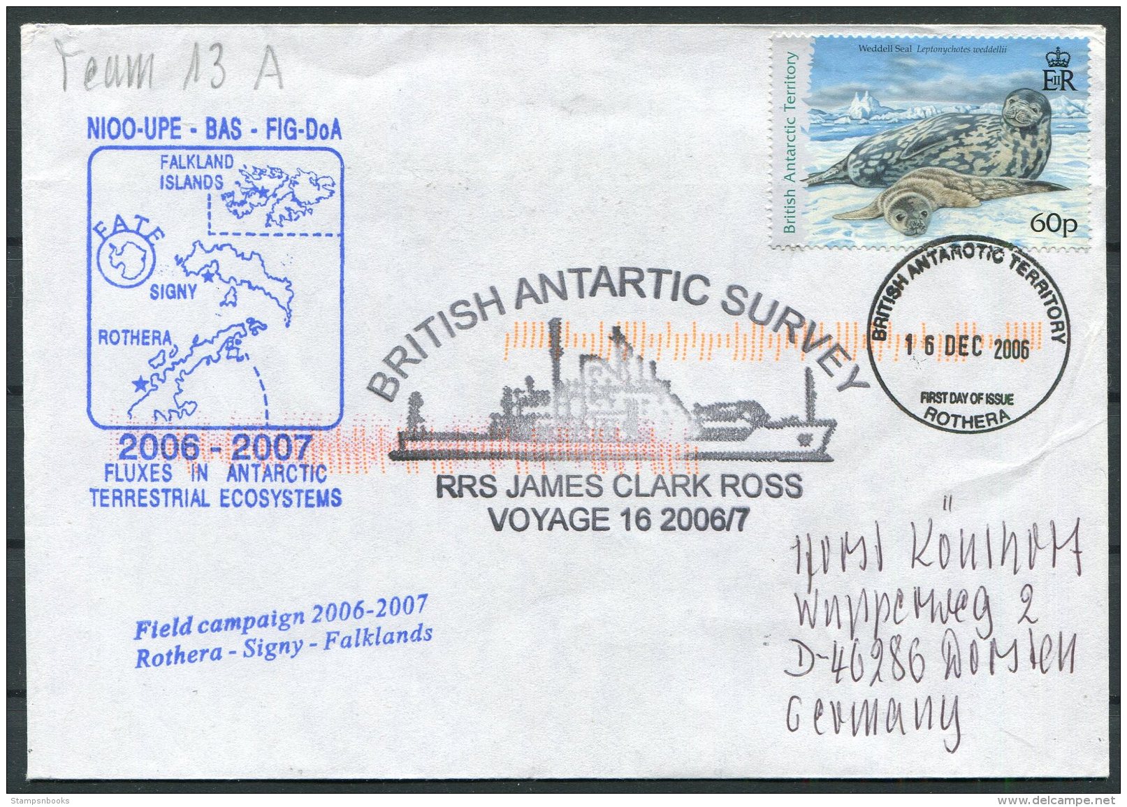 2006 B.A.T. Antarctica Polar Rothera Base Cover. BAT British Antarctic Survey Ship - Covers & Documents