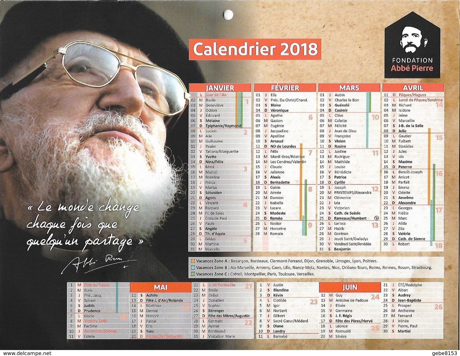 Calendrier 2018 De La Fondation Abbé Pierre Historique Association à L'intérieur - Autres & Non Classés