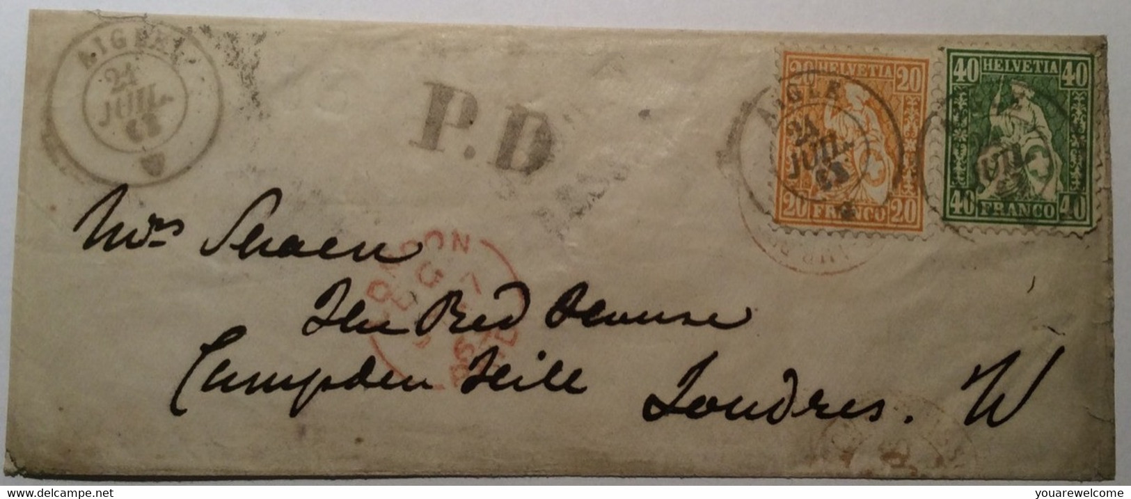 AIGLE 1863 (Waadt VD)  Brief Mit Sitzende Helvetia 20 + 40 Rp> London, GB (Schweiz Suisse Lettre Cover - Briefe U. Dokumente