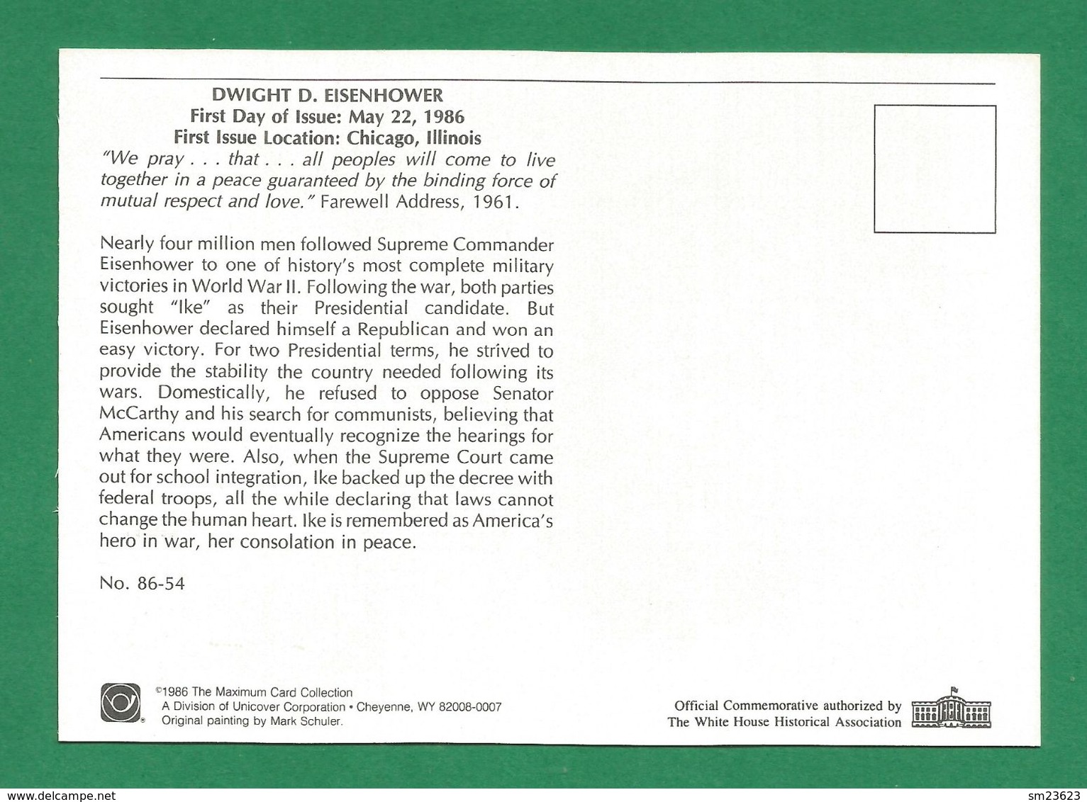 USA 1986 , Dwight D. Eisenhower - Maximum Card - First Day Chicago MAY 22 1986 - Maximumkarten (MC)