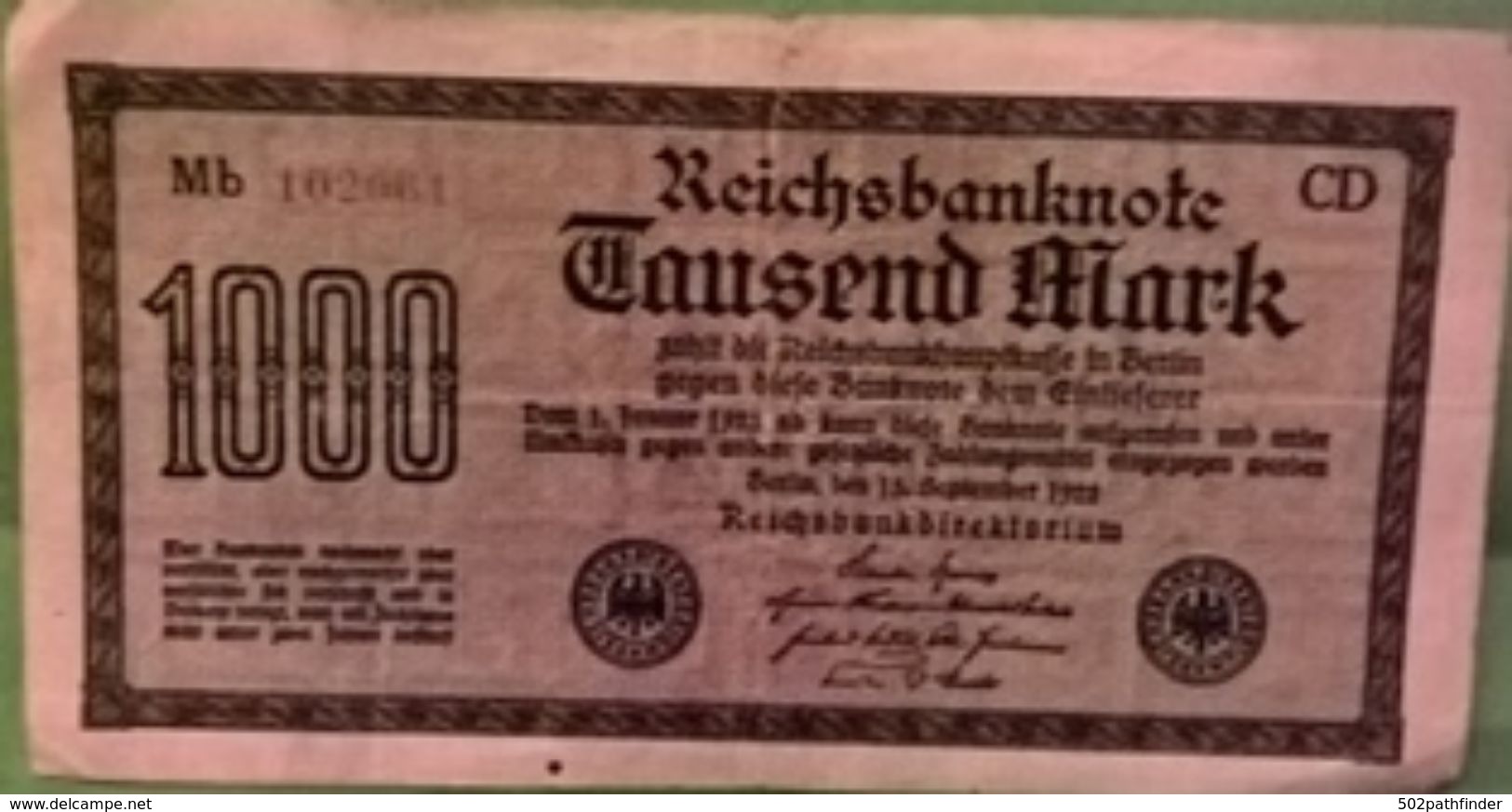 1000 ReischsBankNote Tausend Mark Berlin 15/9/1922 °Mb 102661 - Série CD  (RBD) 2 Adlers - 1000 Mark