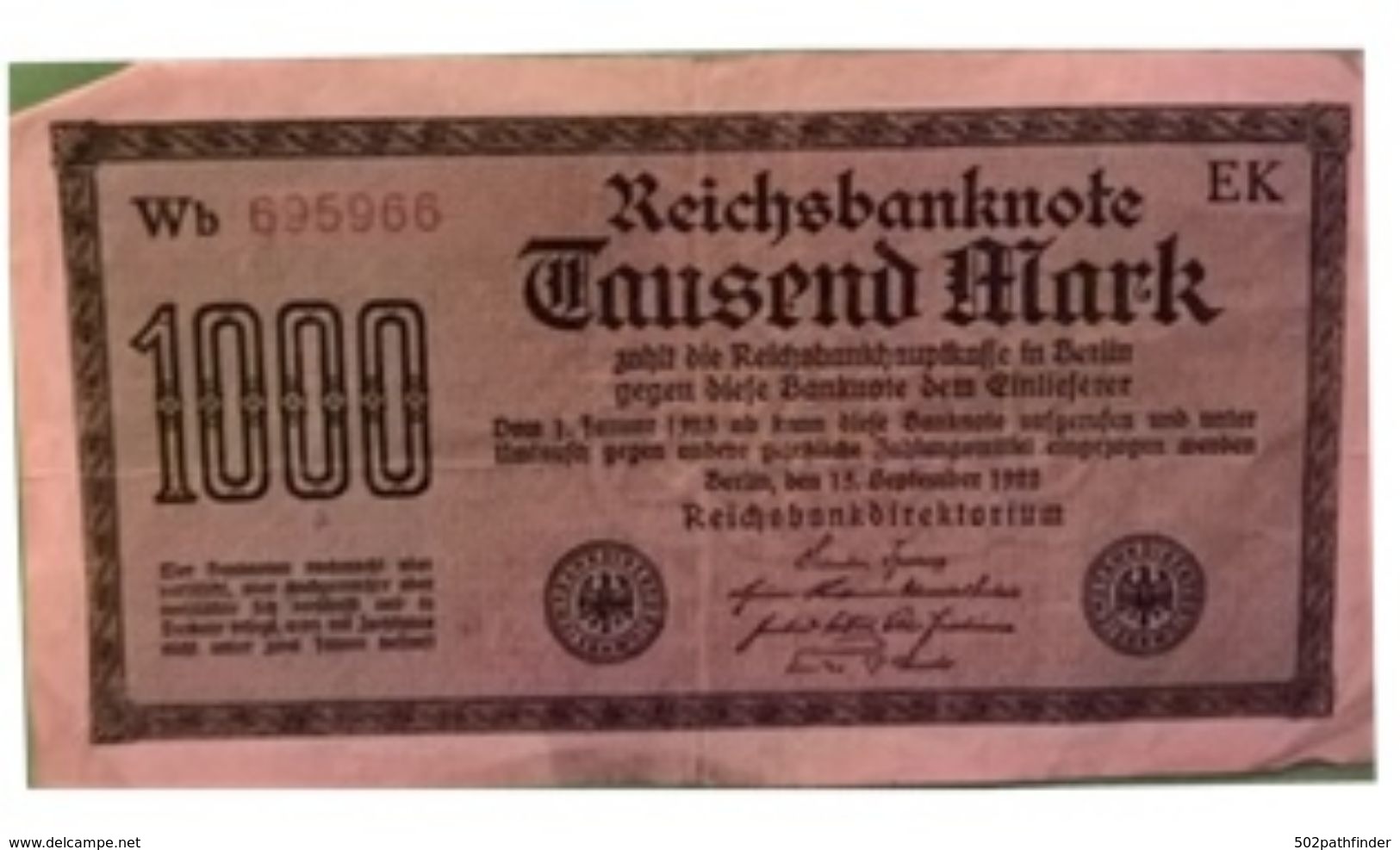 1000 ReischsBankNote Tausend Mark Berlin 15/9/1922 °Wb 695966- Série EK  (RBD) 2 Adlers - 1000 Mark