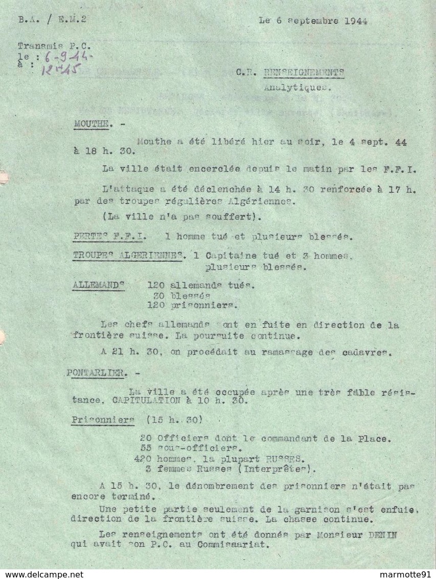 LOT #33 B.A. E.M.2  FFI JURA 1944 RESISTANCE LIBERATION RENSEIGNEMENT ANALYTIQUE MOUTHE PONTARLIER CHAMPAGNOLE - 1939-45