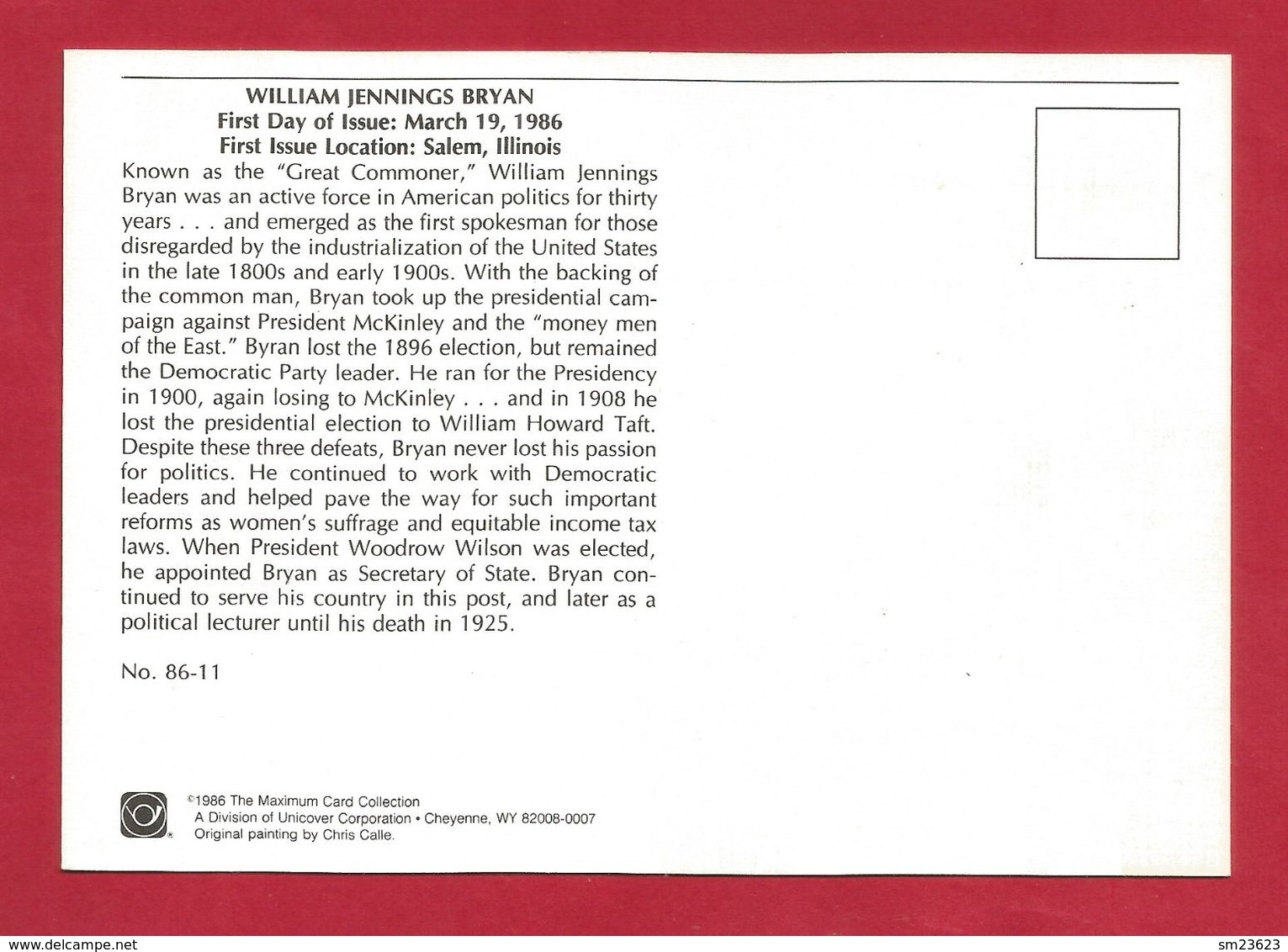 USA 1986 , William Jennings Bryan - Maximum Card - First Day Salem MAR 19 1986 - Maximumkarten (MC)