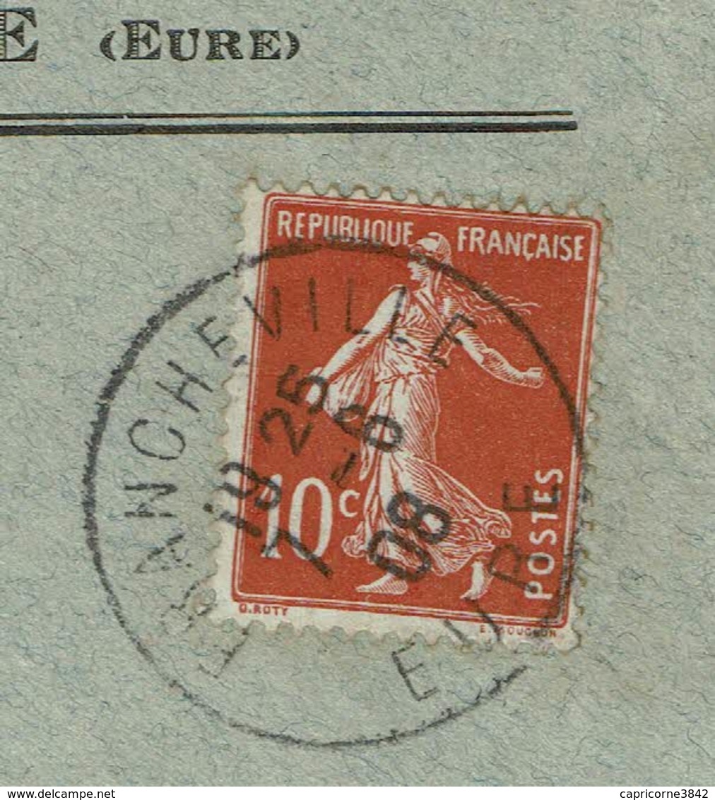 1908 - Timbre Semeuse 10ct (n°138) Seul Sur Lettre. Francheville Pour Thury Harcourt. Entête Envel. "Commerce De Bois" - 1877-1920: Periodo Semi Moderno