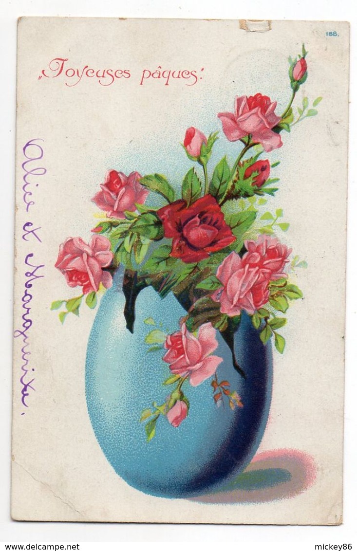 Joyeuses Pâques --1907-- Vase De Fleurs En Forme D'oeuf (  Fleurs , Roses )--cachets -timbres-cachet 223-carte Belge - Pâques