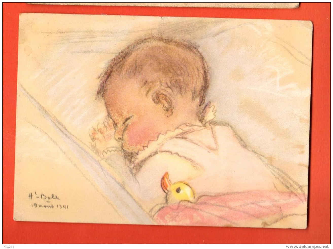 GBB-21  Illustrateur Hélène BOLLE, Enfant Dans Son Berceau. Pastel. Circulé En 1945 - Autres & Non Classés