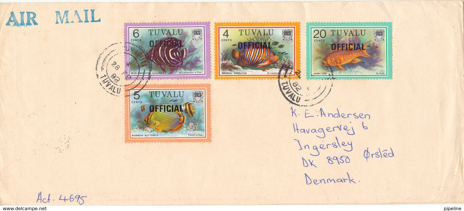 Tuvalu Cover Overprinted OFFICIAL Sent Air Mail To Denmark 28-2-1982 Topic Stamps FISH - Tuvalu (fr. Elliceinseln)