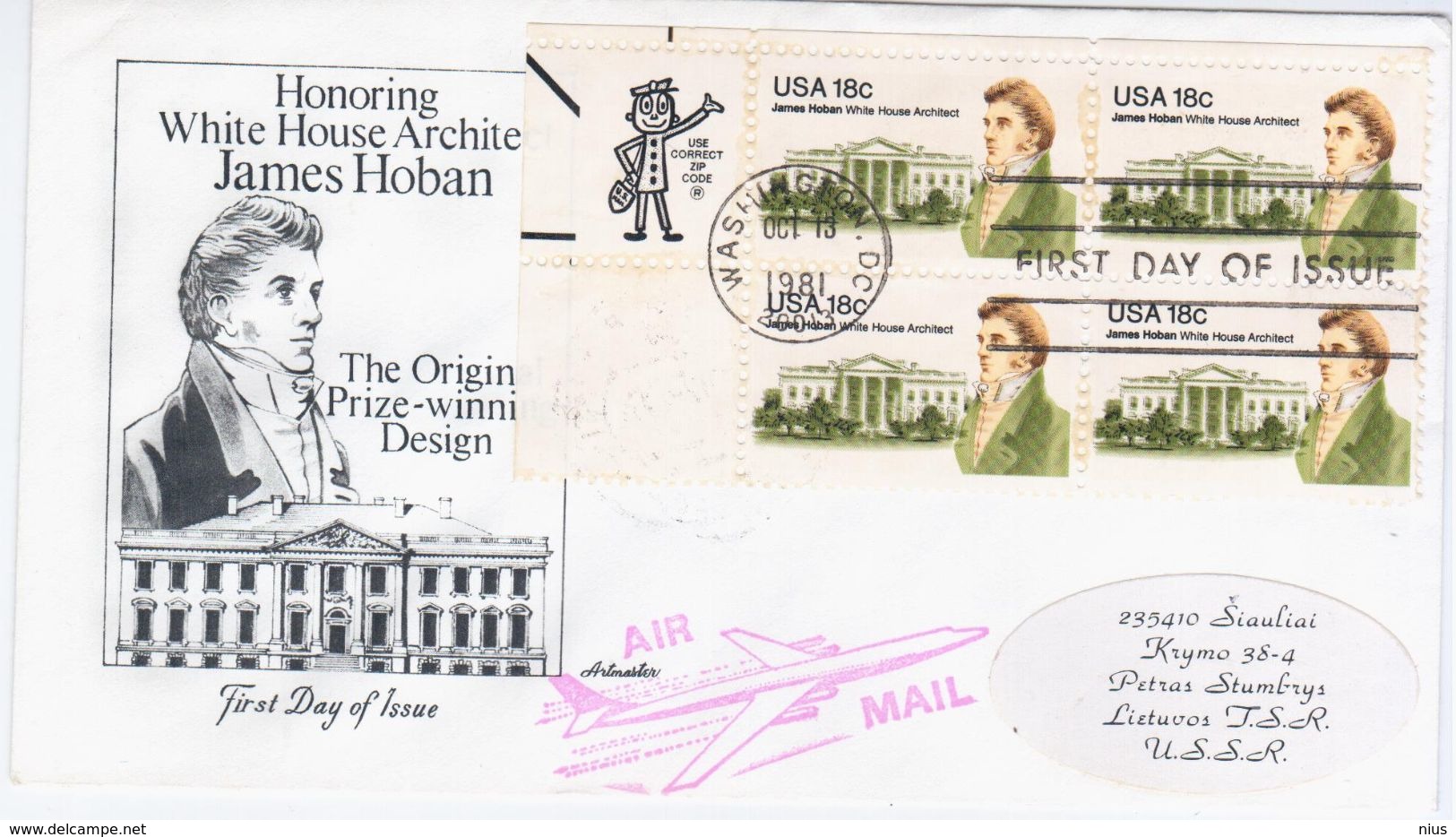 USA United States 1981 FDC James Hoban, White House Architect, Ireland, Canceled In Washington, Zip Code - 1981-1990