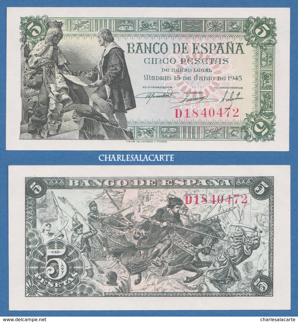 1945 SPAIN  5 PESETAS  ISABELLA COLUMBUS  KING FERDINAND 1492 BATTLE GRANADA  KRAUSE 129a  EXCELLENT UNC. CONDITION - 5 Pesetas