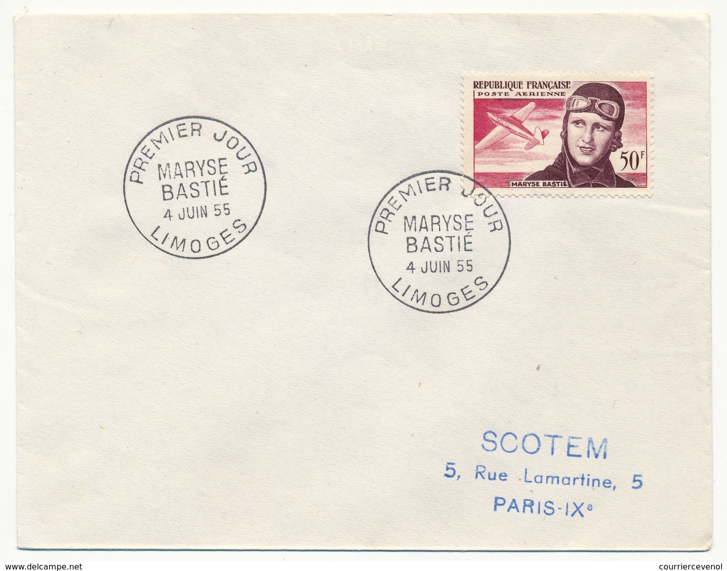 FRANCE => Enveloppe Scotem - Cachet Premier Jour "Maryse Bastié" - PARIS - 4 Juin 1955 - 1950-1959