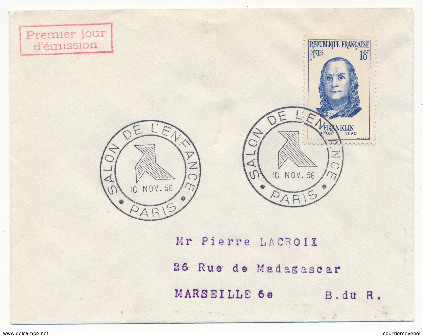 FRANCE => Enveloppe Scotem - Cachet Secondaire Timbre FRANKLIN - Salon De L'Enfance 10 Nov 1956 Paris - 1950-1959