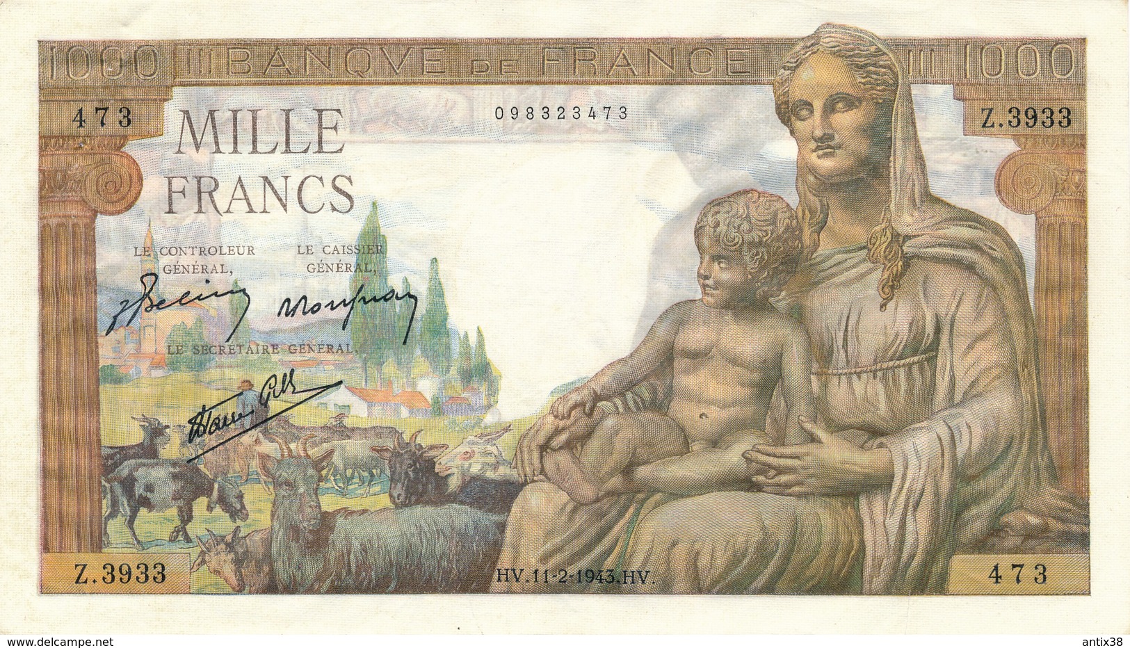 H33 - FRANCE - Billet De 1000 Francs Déesse DEMETER - 1 000 F 1942-1943 ''Déesse Déméter''