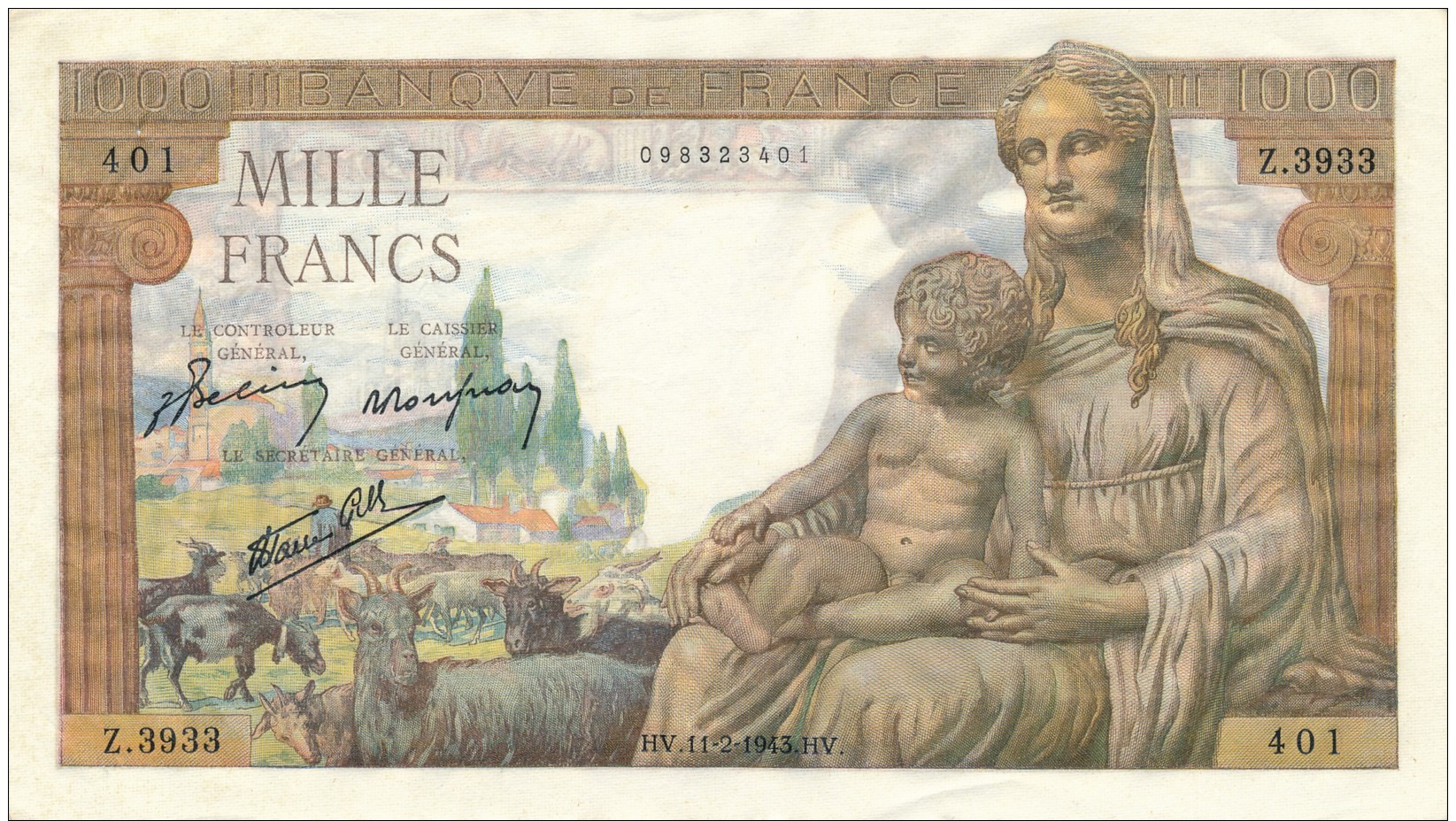 H33 - FRANCE - Billet De 1000 Francs Déesse DEMETER - 1 000 F 1942-1943 ''Déesse Déméter''
