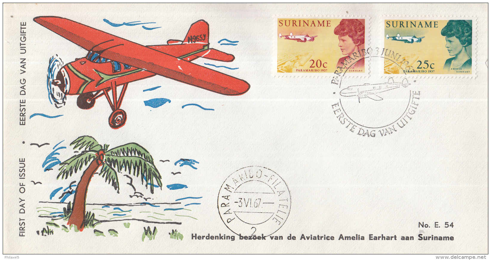 Suriname - FDC E54 - Emelia Earhart Met Haar Vliegtuig/luchtopname Van Paramaribo - NVPH 477-478 - Suriname ... - 1975