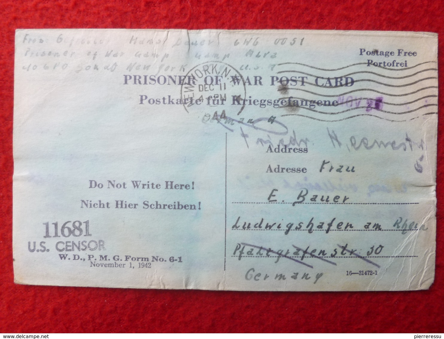 CARTE PRISONNIER AMERICAIN CENSURE U.S PORTOFREI CACHET NEW YORK 1944 - Autres & Non Classés