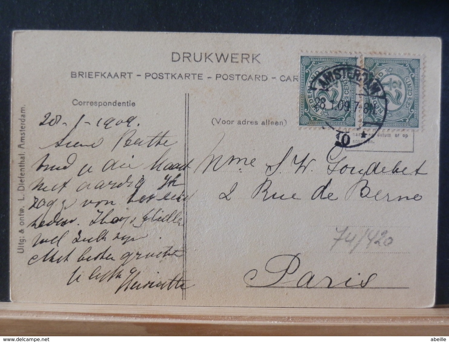 74/420   BRIEFKAART     NED.   NAAR   PARIJS  1909 - Brieven En Documenten