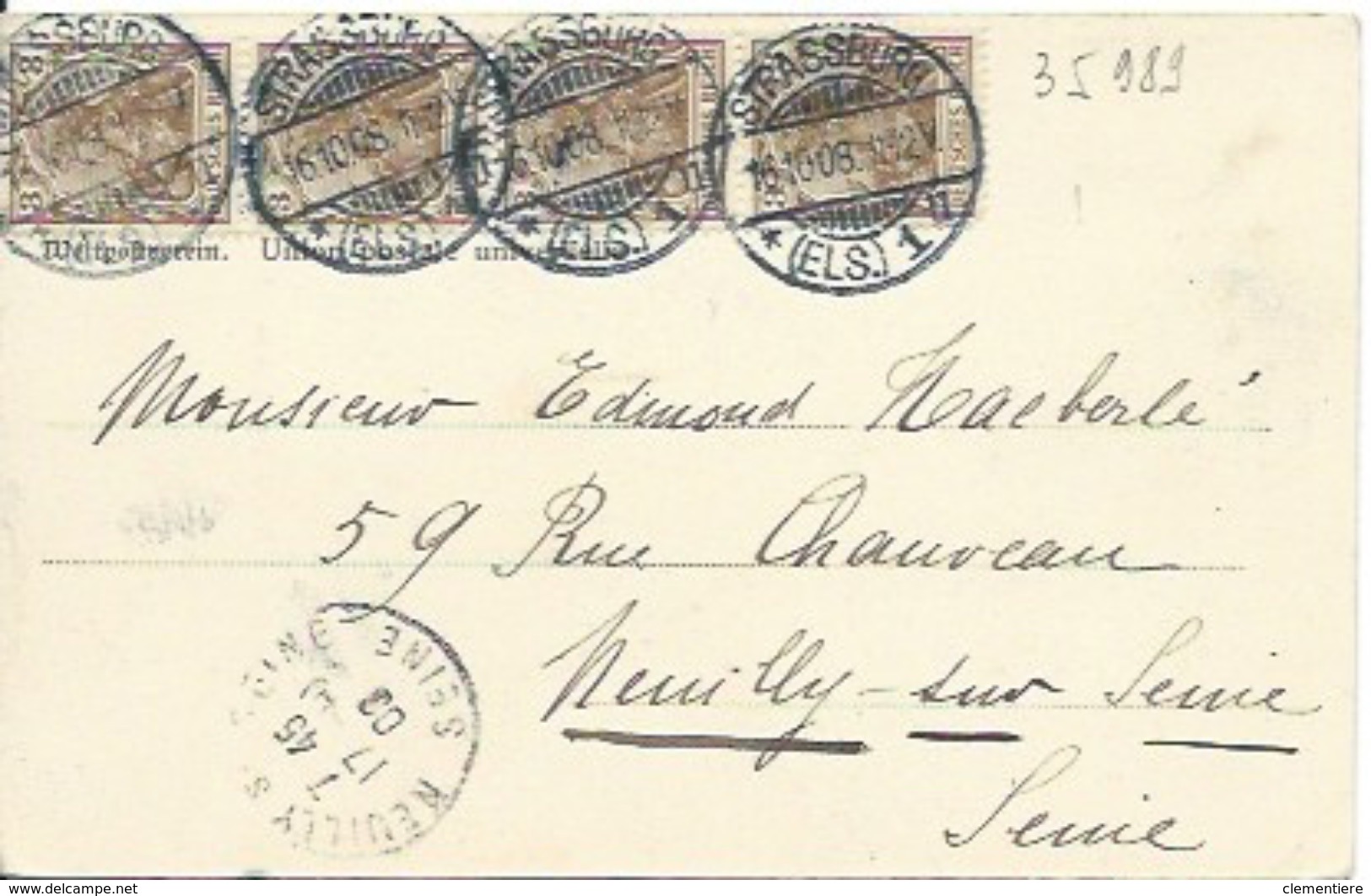 TP 82 En Bande De 4 Du Reich  Sur Carte Postale De Strasbourg Pour Neuilly Sur Seine - Autres & Non Classés
