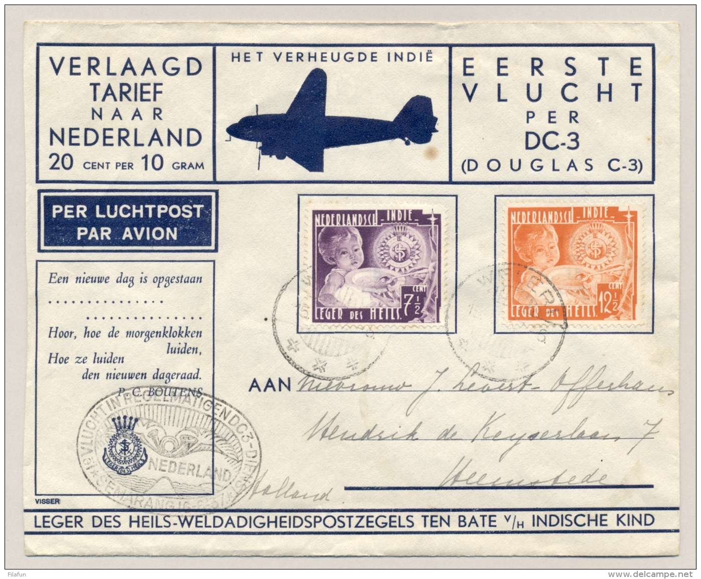 Nederlands Indië - 1937 - 7,5c En 12,5c Leger Des Heils Op 1e Vlucht DC-3 Van Semarang Naar Heemstede / Nederland - Nederlands-Indië
