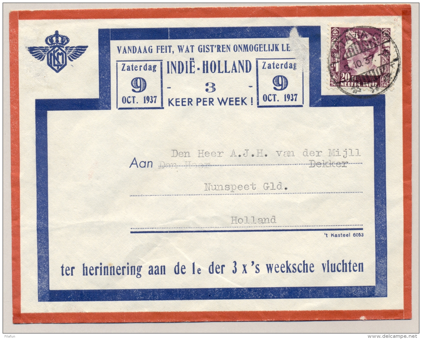 Nederlands Indië - 1937 - 20 C Wilhelmina Op 1e Vlucht 3x Per Week Van Batavia Naar Nunspeet / Nederland - Nederlands-Indië