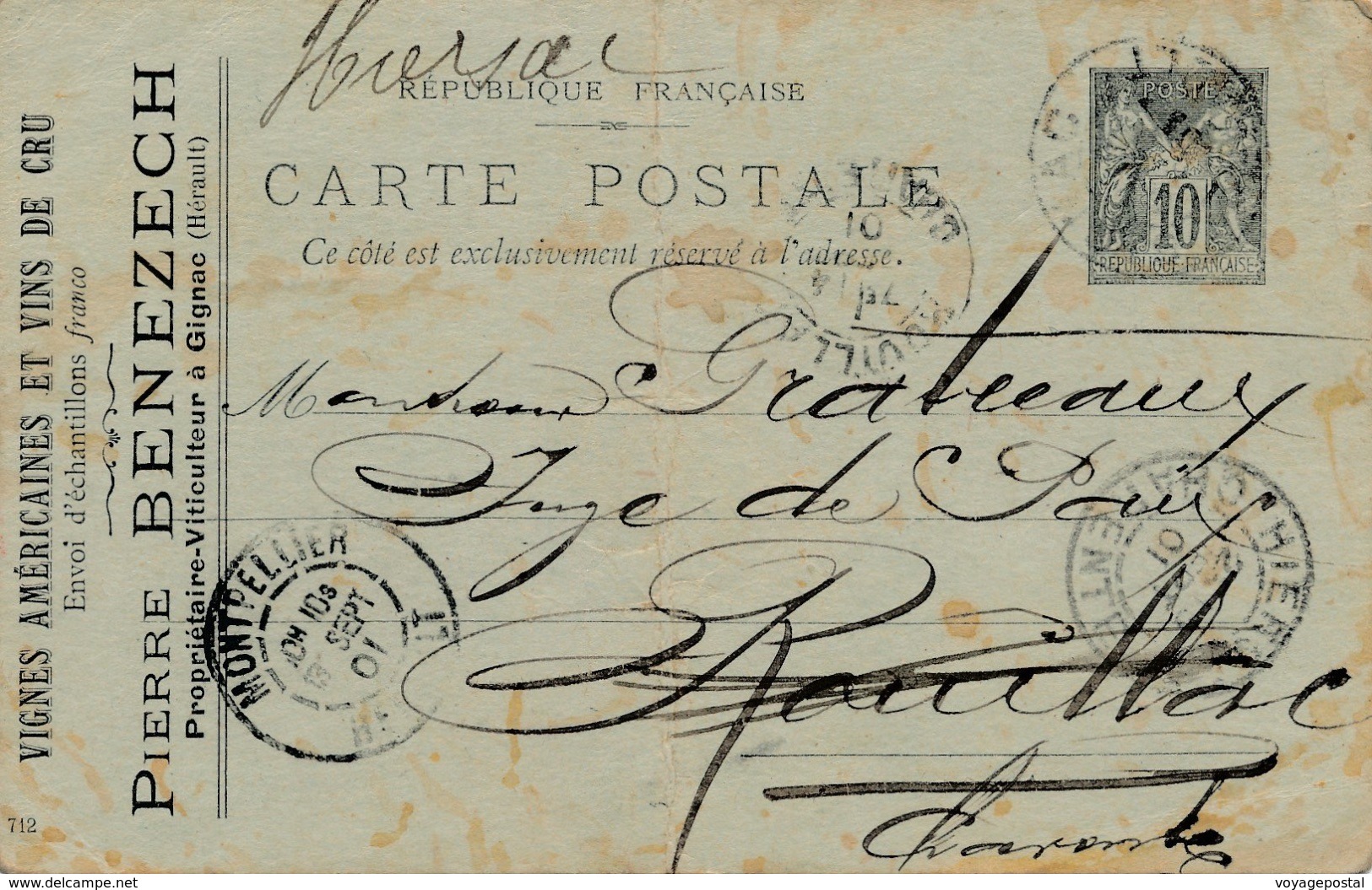 Entier Postal Privé Repiqué Sage CaD Gignac Hérault - 1877-1920: Semi Modern Period