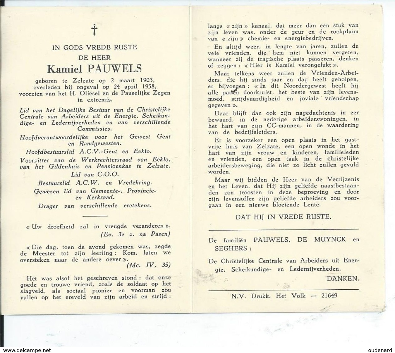 B.P. FOTO  ZELZATE PAUWELS KAMIEL 1903 - 1958 ONGEVAL - Religion & Esotericism