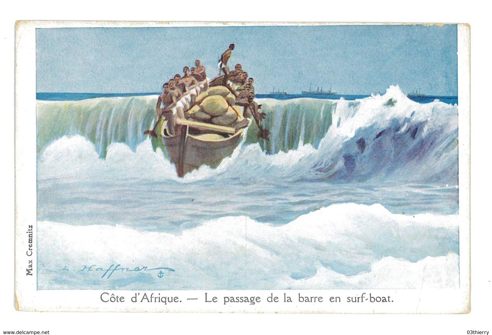 CPA ILLUSTRATEUR HAFFNER COTE D'AFRIQUE LE PASSAGE DE LA BARRE EN SURF-BOAT - Haffner