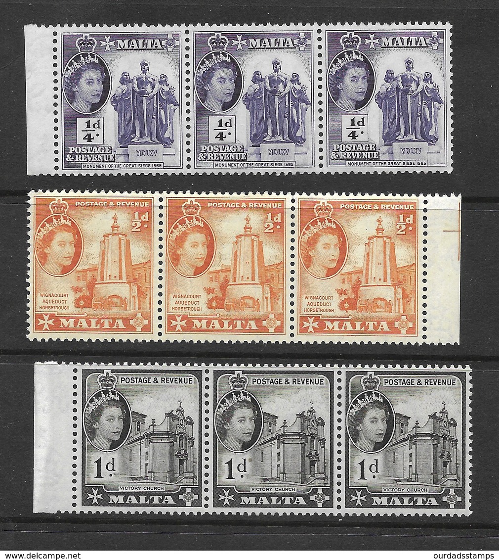 Malta QEII 1956 Definitive Set To 3d In MNH Strips Of Three (5865) - Malte (...-1964)