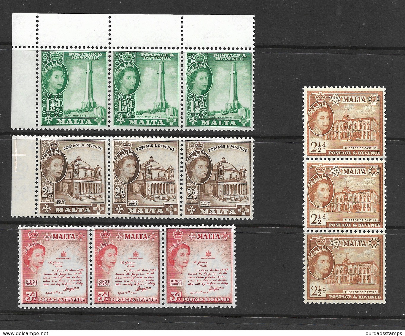 Malta QEII 1956 Definitive Set To 3d In MNH Strips Of Three (5865) - Malta (...-1964)