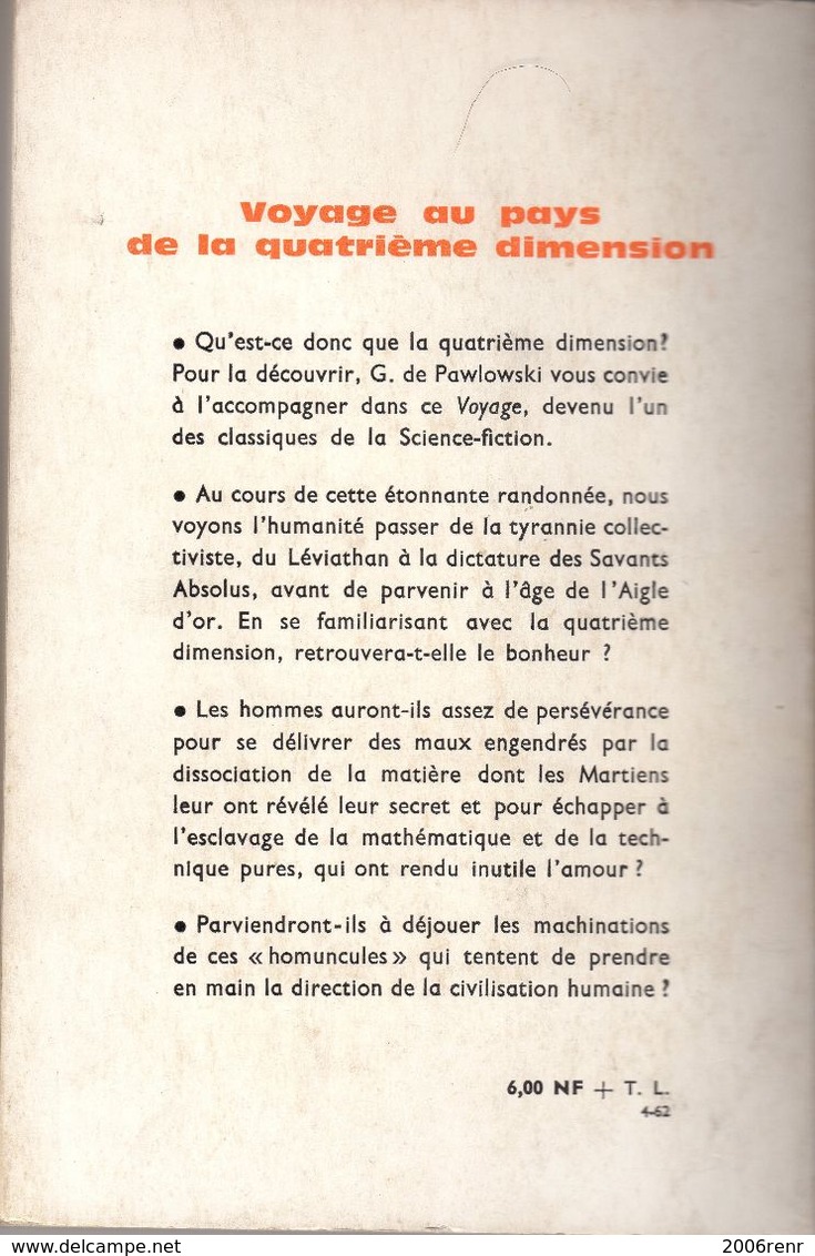 VOYAGE AU PAYS DE LA QUATRIEME DIMENSION De G. De PAWLOWSKI PRESENCE DU FUTUR N°56 1962 VOIR SCANS - Denoël