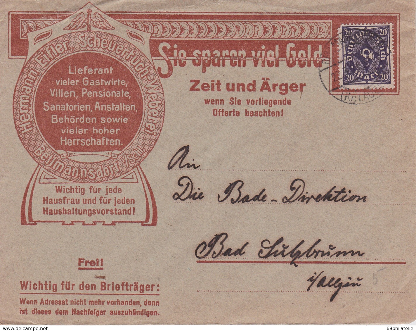 ALLEMAGNE 1923 LETTRE ILLUSTREE DE BELLMANNSDORF - Storia Postale