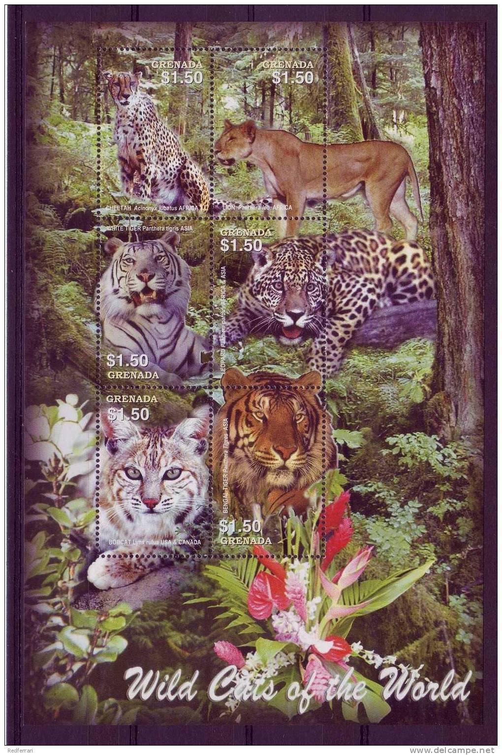 (1365 ) Grenada - Fauna - Cheetah - Leopard - Bobcat - Lion - Tiger - Jaguar. - Big Cats (cats Of Prey)
