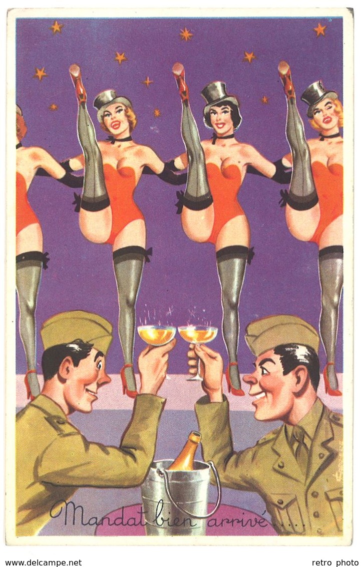 Cpsm Signée Carrière, Femmes, Pin-up, French Cancan, Soldats, Champagne - Carrière, Louis