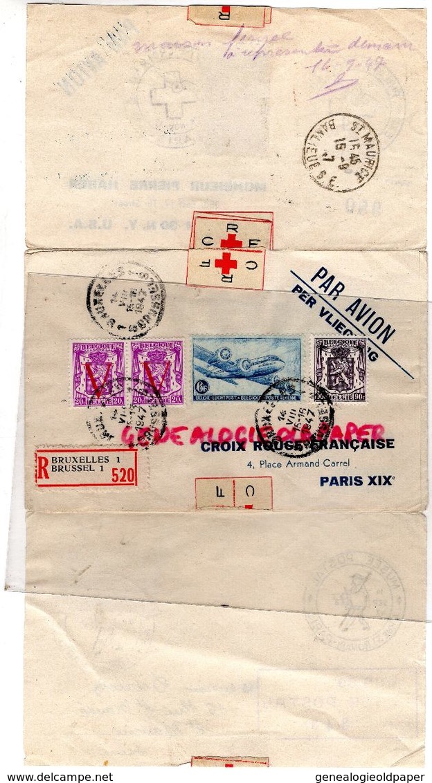 CROIX ROUGE- ENVELOPPE AVION PER VLIEGTUIG-BRUSSELS-NEW YORK 1946-MUSEE POSTAL 1947-ROBERT VEKENS -BELGIQUE-75 PARIS 89 - Croix Rouge