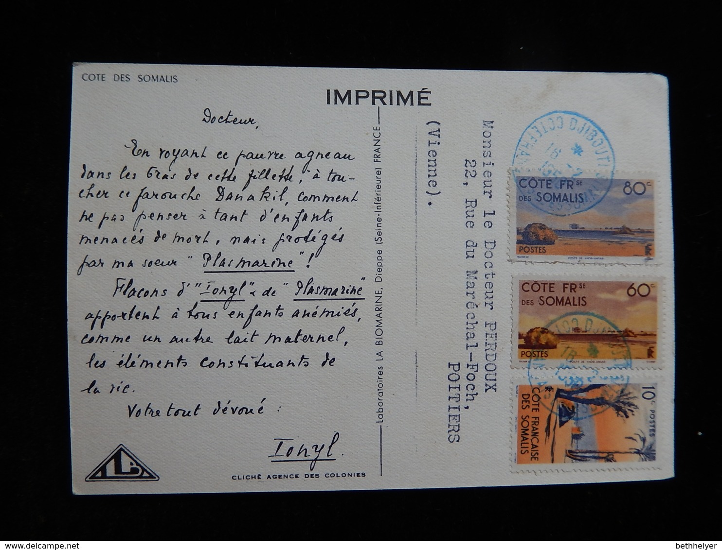 CPSM  - COTE DES SOMALIS - IONYL - MERINOL - PUBLICITE 1949-1950 - CACHET DJIBOUTI 1950 - R11627 - Lettres & Documents