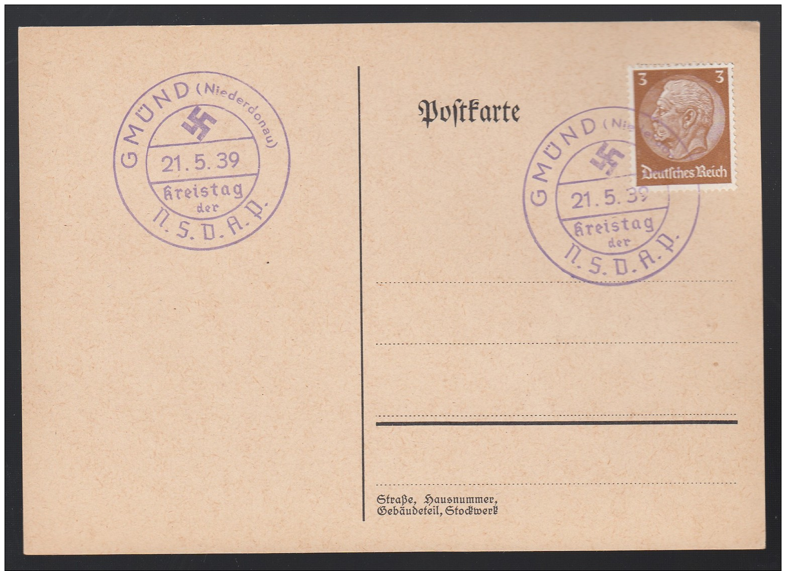 DR Postkarte Sonderstempel Blau Kreistag NSDAP 1939 Gmünd Niederdonau Ungelaufen K1363 - Maschinenstempel (EMA)