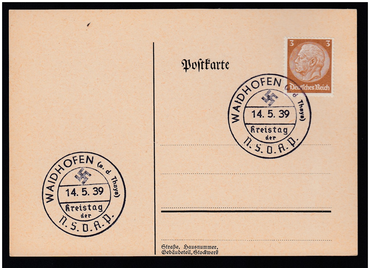 DR Postkarte Sonderstempel Kreistag NSDAP 1939 Waidhofen A D Thaya Ungelaufen K1364 - Maschinenstempel (EMA)