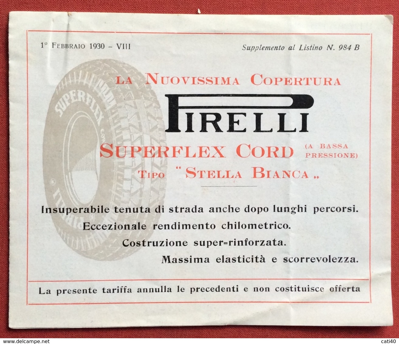 PUBBLICITA' PIRELLI  GOMME SUPERFLEX CORD TIPO STELLA BIANCA  LISTINO DEL 1 FEBBRAIO 1930 - VIII - Historical Documents