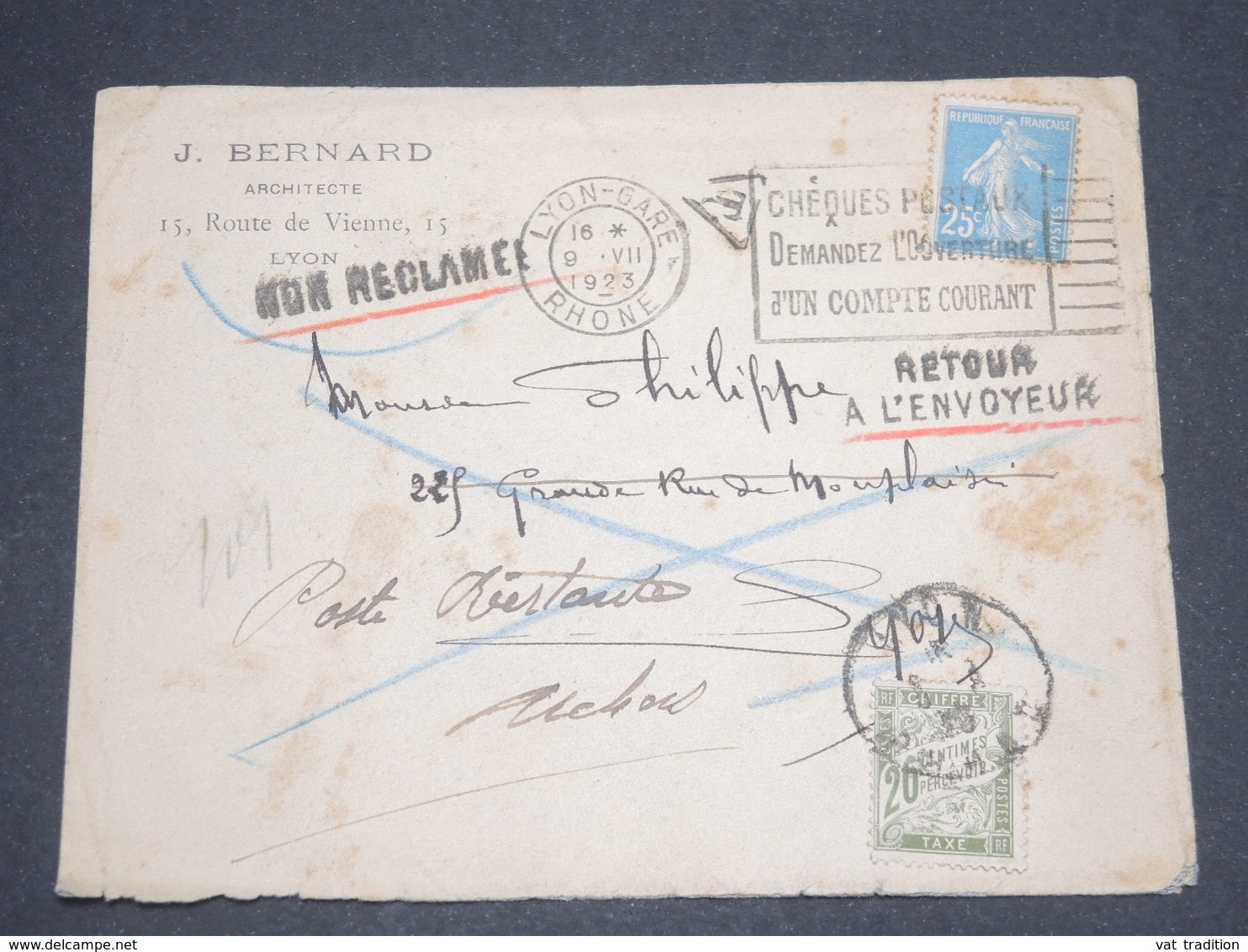 FRANCE - Taxe De Lyon Sur Enveloppe De Lyon En 1923 , à étudier - L 12800 - 1859-1959 Lettres & Documents