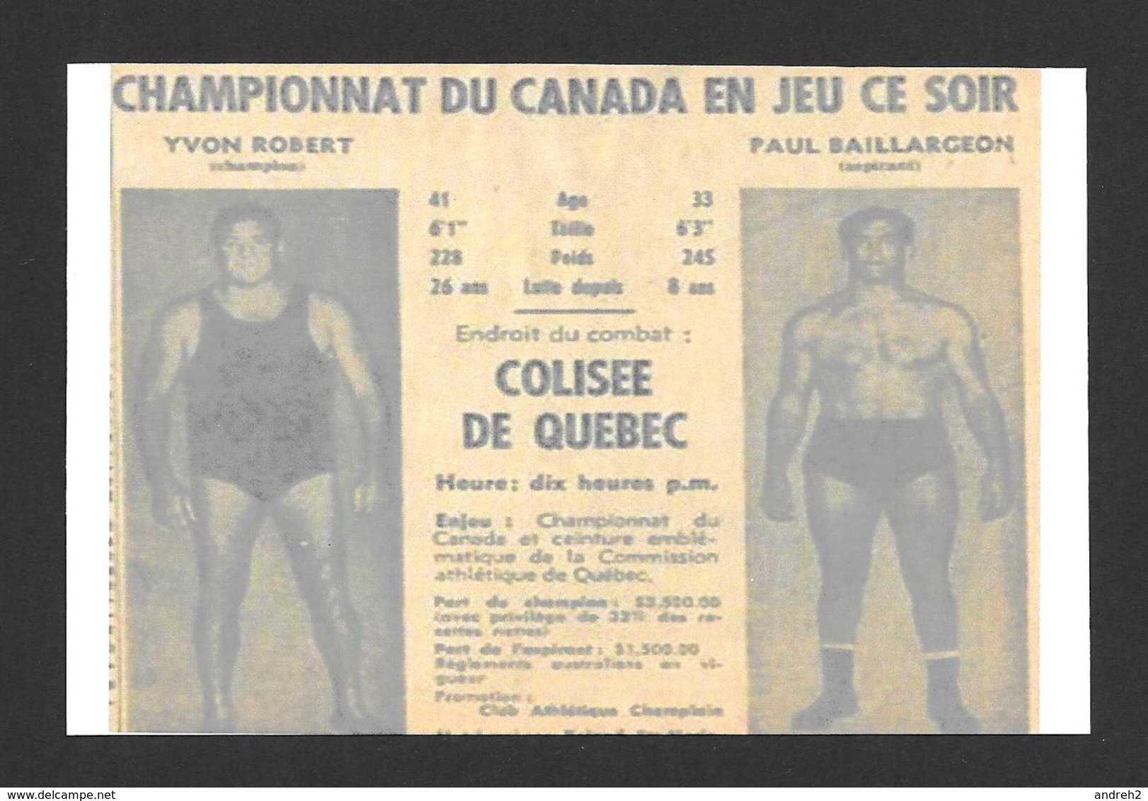 SPORTS - HALTÉROPHILIE - LUTTEUR - AFFICHE COMBAT DE LUTTE YVON ROBERT Vs PAUL BAILLARGEON AU COLISÉE DE QUÉBEC - Haltérophilie