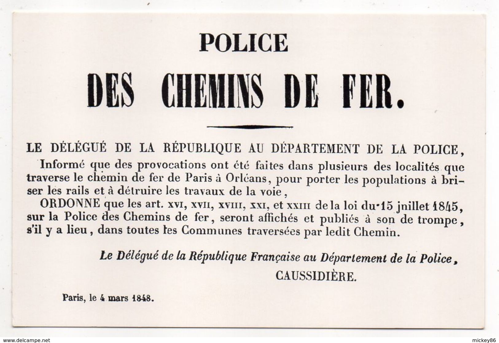 PARIS--Musée De L'affiche Et Du Tract--Fac-Similé Affiche Police Des Chemins De Fer-1848 - Sonstige & Ohne Zuordnung