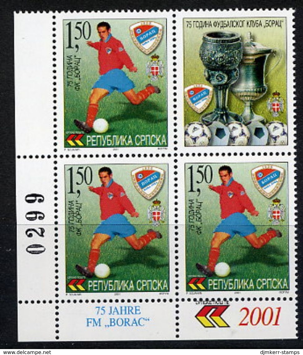 BOSNIAN SERB REPUBLIC 2001 Football Club Anniversary Block Of 3 + Label MNH / **.  Michel 229 - Bosnie-Herzegovine