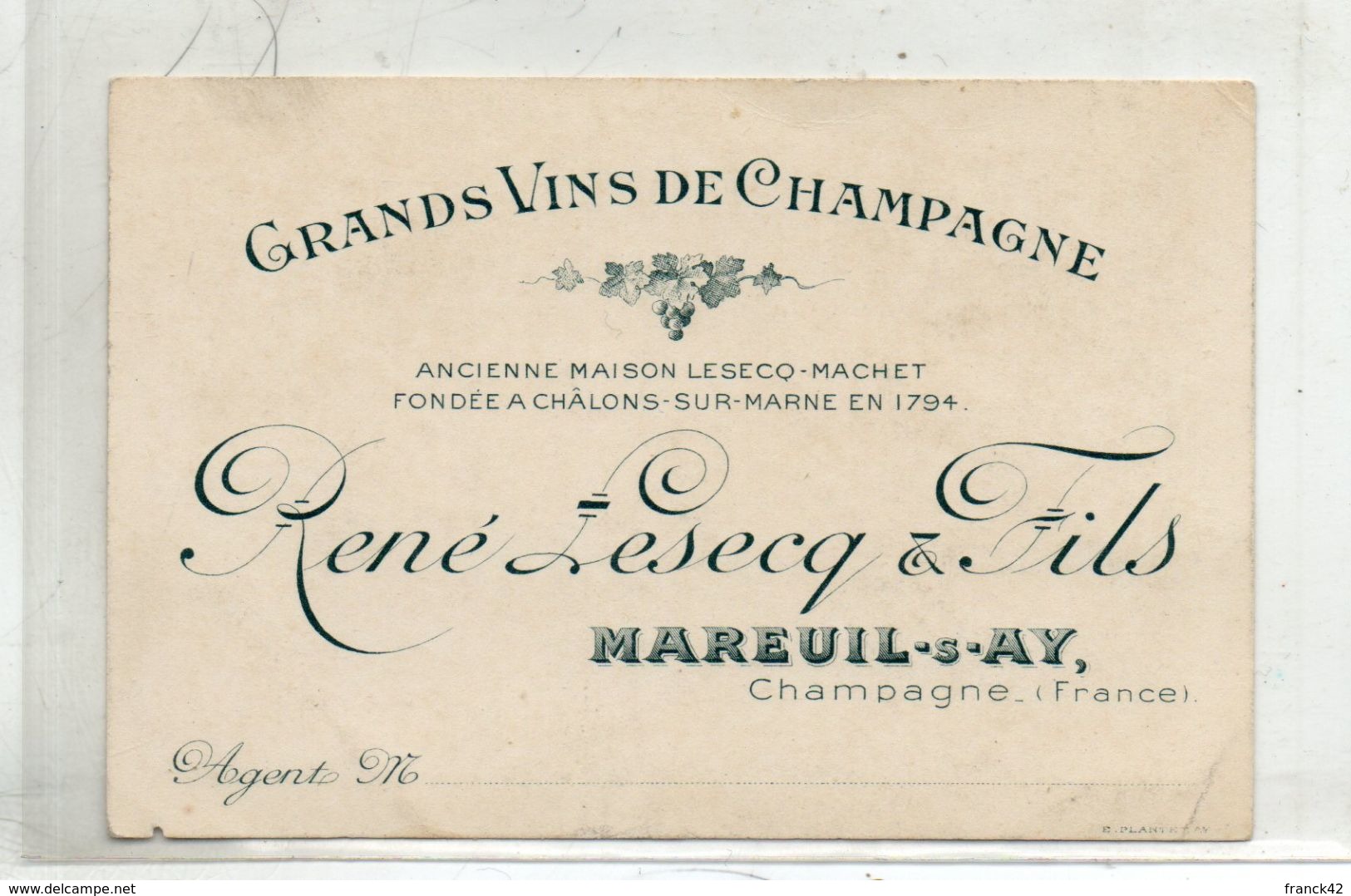 René Lesecq Et Fils. Grands Vins De Champagne. Mareuil-ay - Cartoncini Da Visita