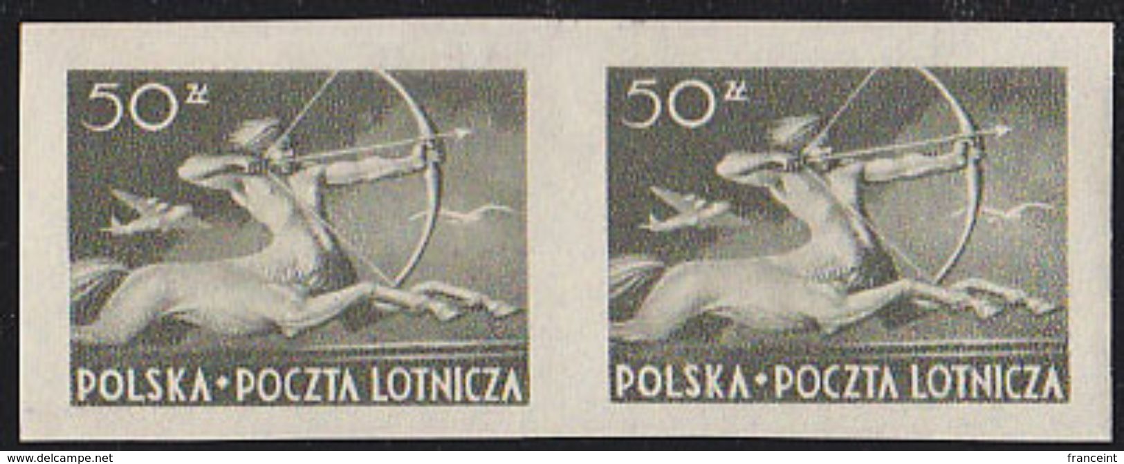 Poland 1948 50zt Centaur Airmail Imperforate Pair. Scott C24. MNH. - Unused Stamps