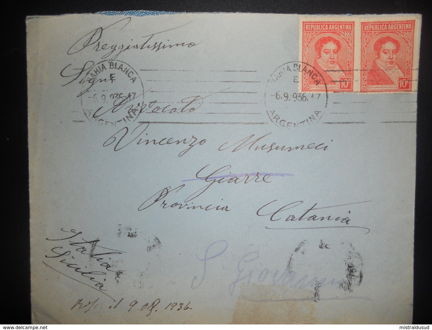 Argentine Lettre De Bahia Blanca 1936 Pour Giarre - Lettres & Documents