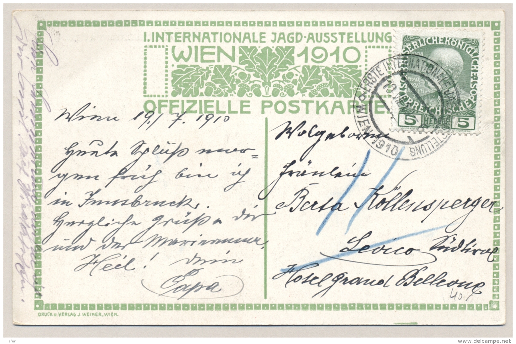 Österreich - 1910 - 5H Franz-Joseph On Card/cancel From Internationale Jagd-Ausstellung Wien To Levico - Brieven En Documenten