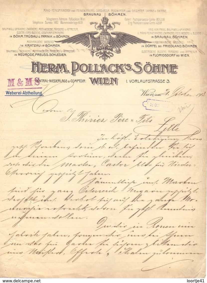 Factuur Facture - Brief Lettre - Weverij Weberei Herm. Pollack's Sohne - Wien Wenen 1913 - Autriche