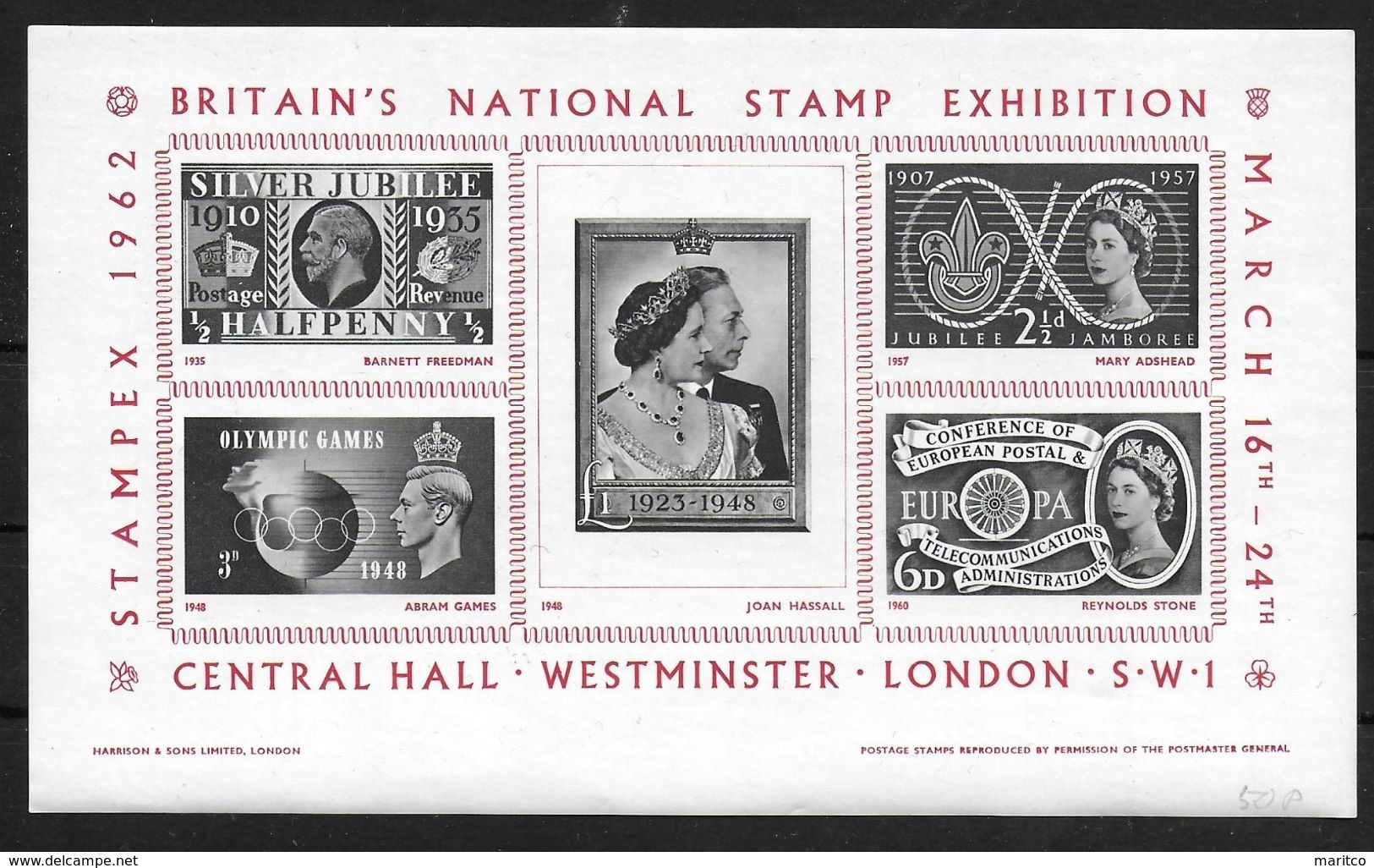 U.K. Numbered Sheetlet Stampex 1962 London 1962 Reprints In Black Varous Issues Of  GB - Ensayos, Pruebas & Reimpresiones