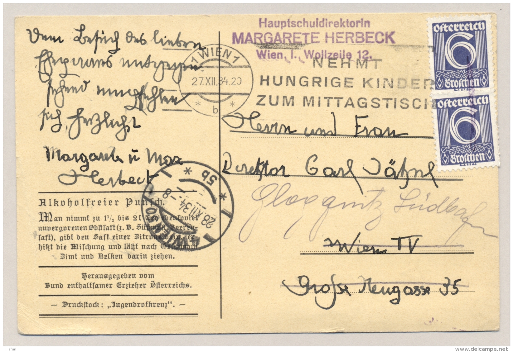 Österreich - 1934 - 2x 6g On Postcard "Nemt Hungrige Kinder Zum Mittagstisch" Local Use Wien - Brieven En Documenten