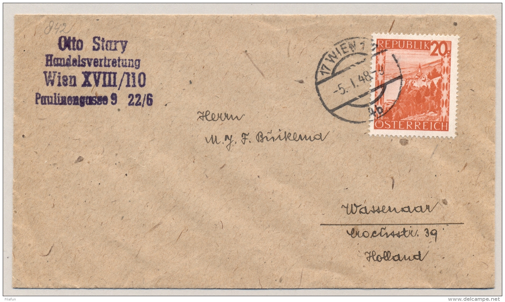 Österreich - 1948 - 20g Single On Cover From Wien To Wassenaar / Nederland - Briefe U. Dokumente